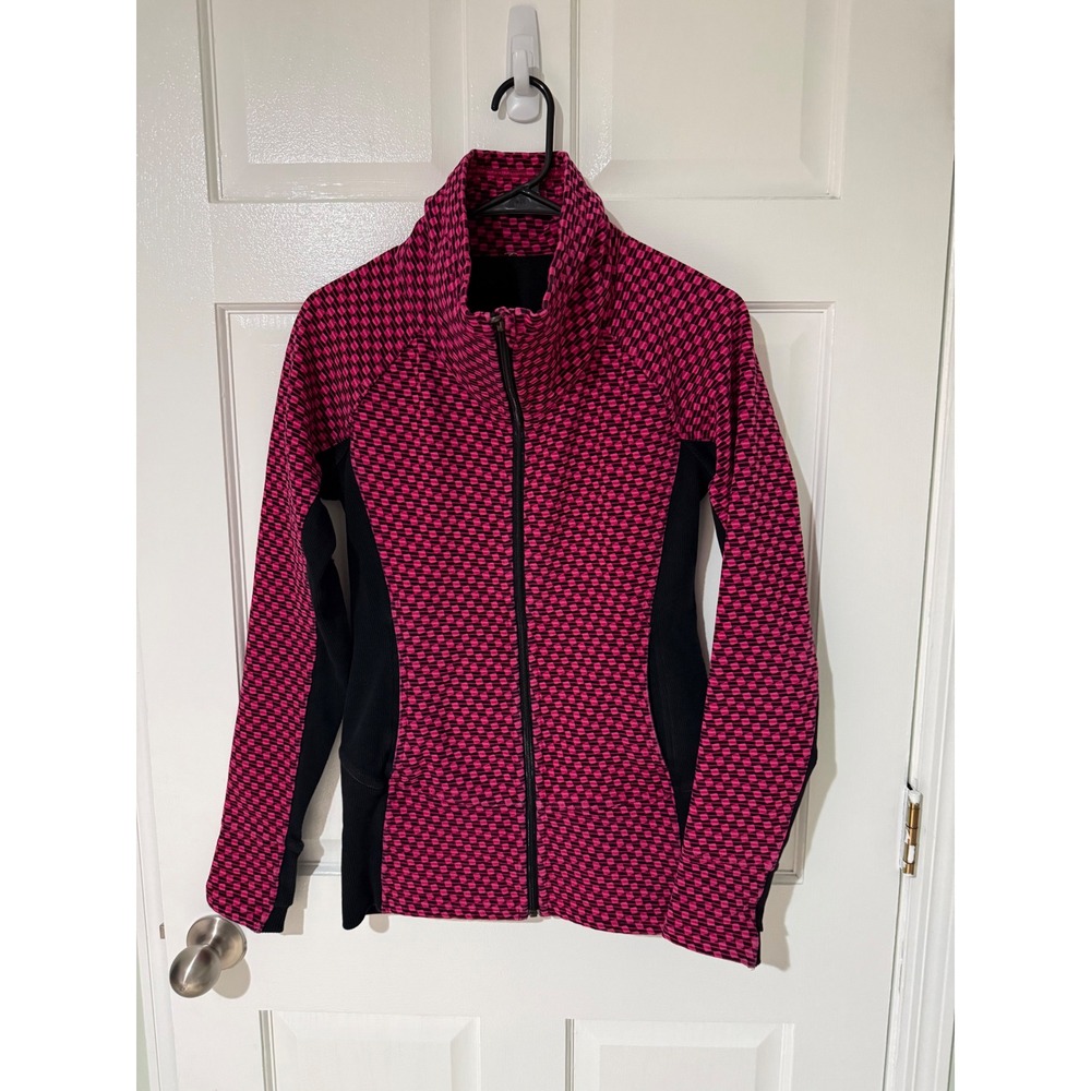 Lululemon Pink Black Geometric Full Zip Athletic Jacket Thumbholes Funnel Neck